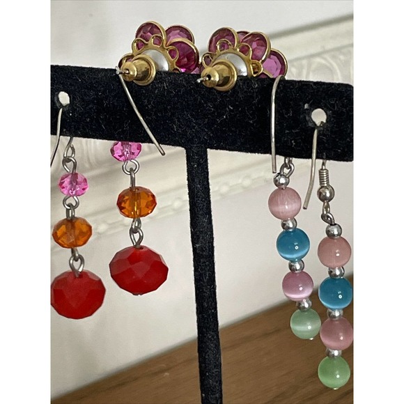 Bead Dangle Earrings Red Pink Orange Blue Cat Eye Stone Cluster Flower Pierced - Picture 6 of 7